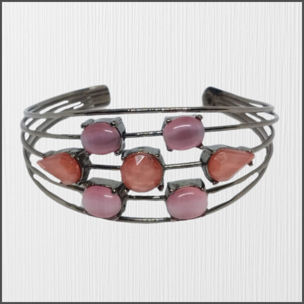 Gunmetal-Tone Cuff Bracelet with Small Pink & Orange Cabochon Stones